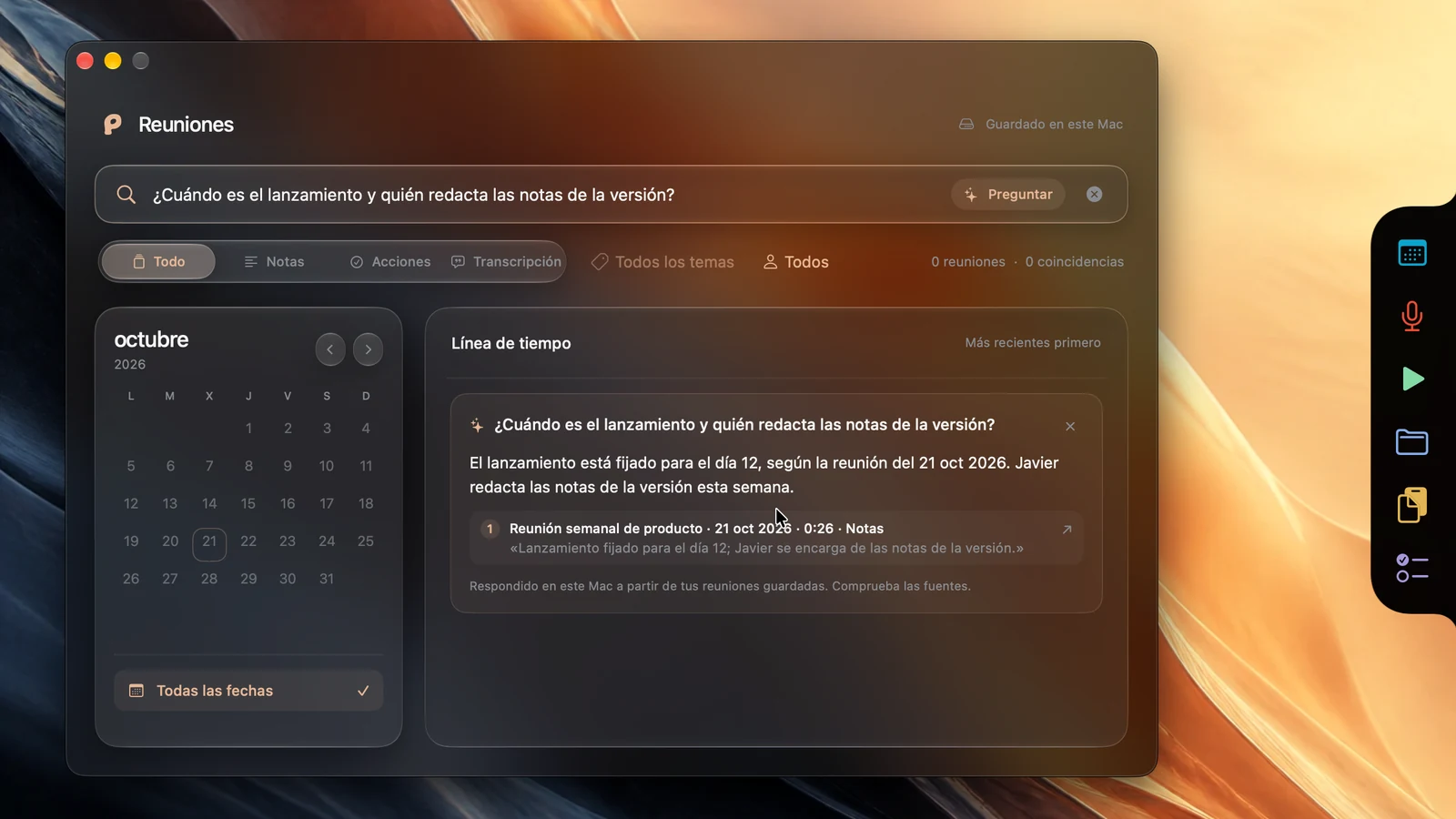 Búsqueda de reuniones de Poffle con un calendario, filtros por tema y notas de reunión.